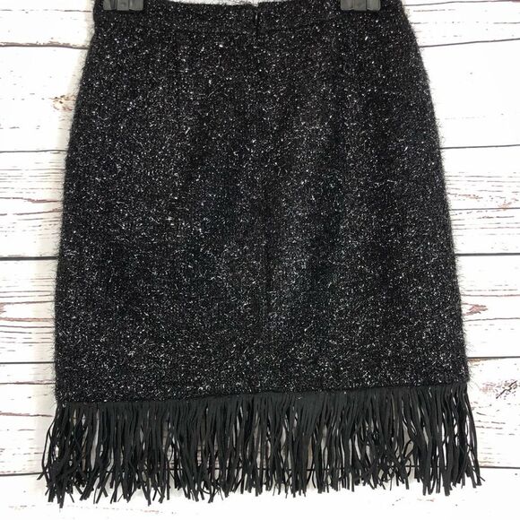 Halston Heritage Metallic Knit Skirt with Faux Leather Fringe Trim Black Sparkle - Picture 4 of 8
